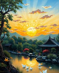 Step into a serene Zen garden at sunset, depicted as a classic oil painting. This artwork features rich textures and visible 
