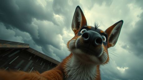 Experience a high-angle view of a sarcastic animal sidekick, complete with expressive eyes and an intense, dramatic atmospher