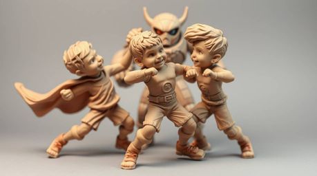 A captivating clay sculpture depicts three superpowered children engaged in a dynamic battle against a menacing robot.  The a