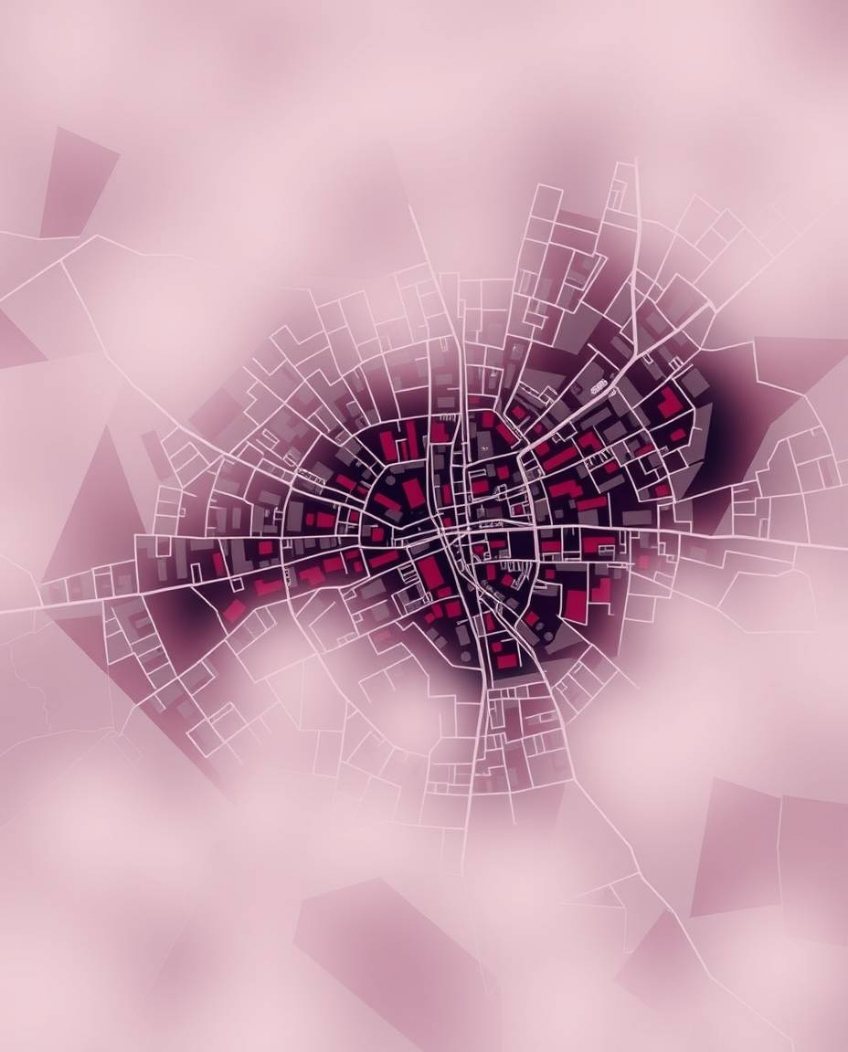 Explore a captivating abstract city map rendered in geometric shapes, presented from a top-down perspective.  The artwork fea