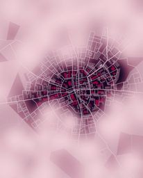 Explore a captivating abstract city map rendered in geometric shapes, presented from a top-down perspective.  The artwork fea