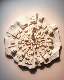 This sculptural clay artwork presents an abstract city map formed from geometric shapes, offering a captivating top-down view