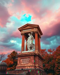 Explore a captivating blend of warm autumn hues and dramatic weather in this digital artwork. A classical sculpture is reimag