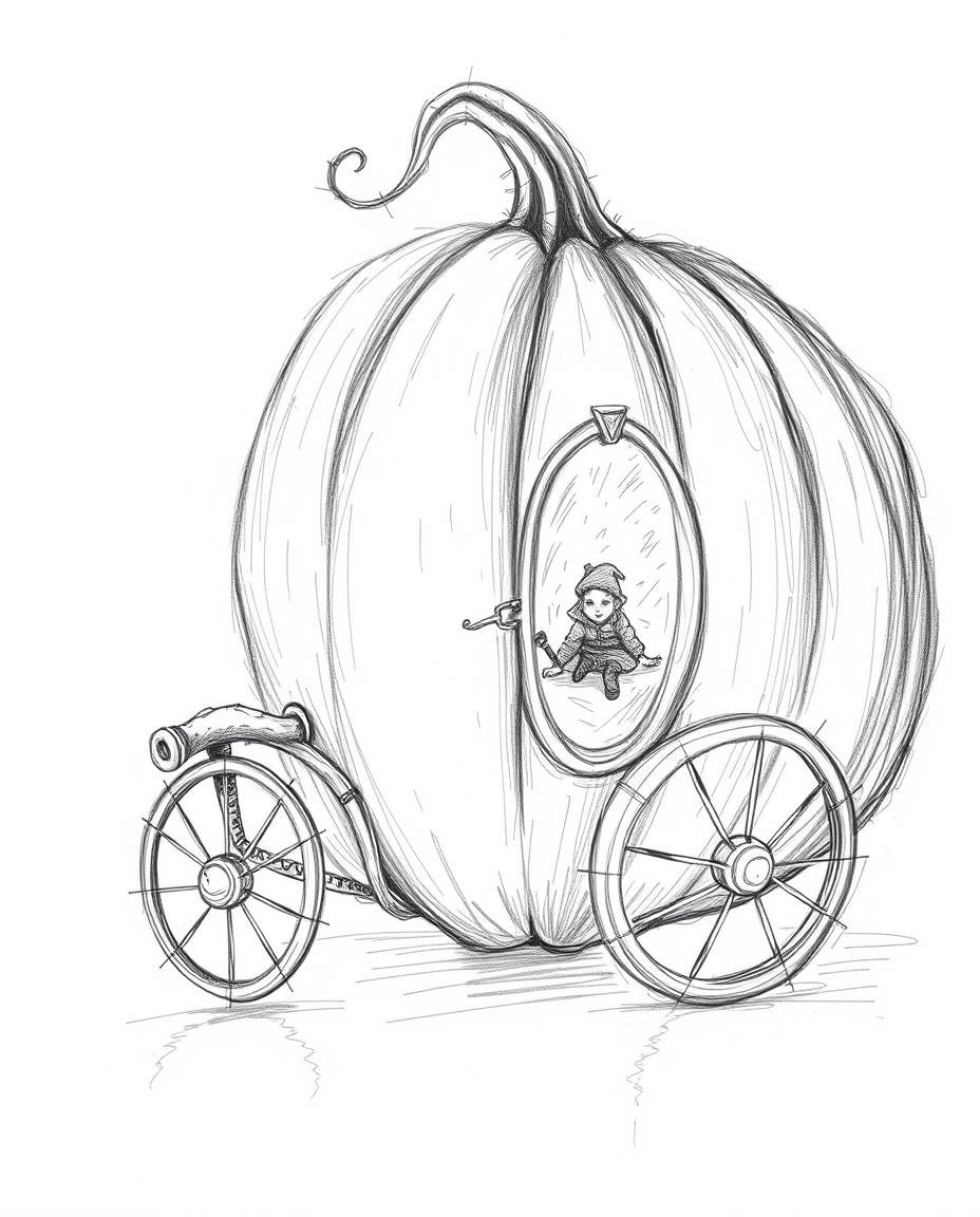 A captivating extreme macro close-up hand-drawn sketch depicts the magical transformation of a pumpkin into a carriage.  The 