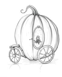 A captivating extreme macro close-up hand-drawn sketch depicts the magical transformation of a pumpkin into a carriage.  The 