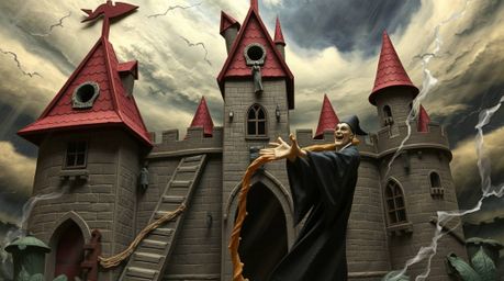 A captivating artwork depicts a classic Disney villain casting a spell within an ancient castle, rendered in a striking layer