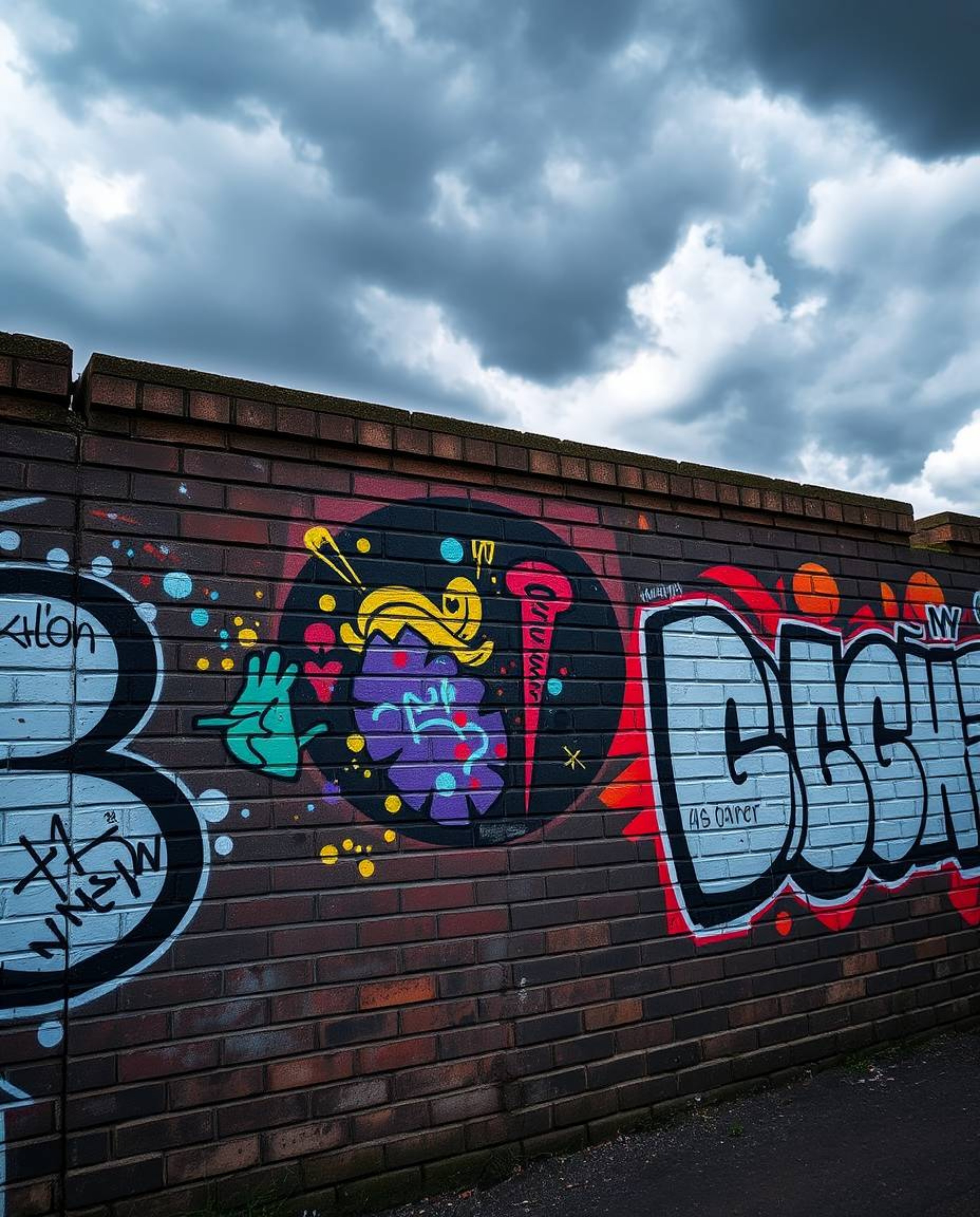 Explore the dynamic fusion of urban decay and artistic expression in this captivating scene. A weathered brick wall serves as
