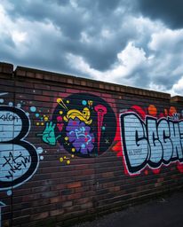 Explore the dynamic fusion of urban decay and artistic expression in this captivating scene. A weathered brick wall serves as