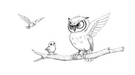 A Pixar-style hand-drawn sketch depicts a blind owl with expressive eyes and soft plumage, guiding fledglings in flight. The 