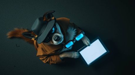 A captivating image showcasing a dog detective utilizing advanced high-tech gadgets.  Captured from a strong, moody, overhead