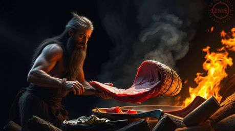 This captivating digital painting depicts a caveman expertly cooking mammoth meat, rendered with intense jet black tones, vib