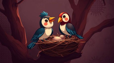 Delightful artwork showcasing two cartoon birds meticulously constructing a nest. Rendered in a classic animation style with
