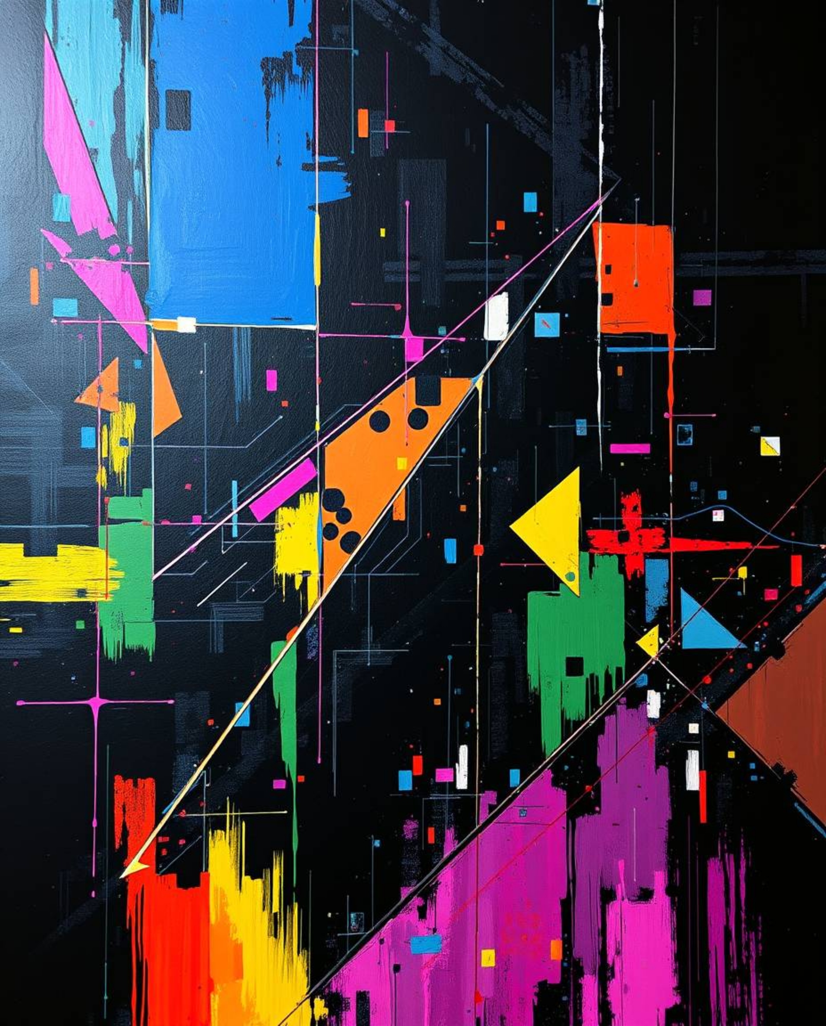 This intense jet black acrylic painting presents a boldly creative light art piece. Glitched geometric shapes form abstract p