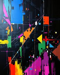 This intense jet black acrylic painting presents a boldly creative light art piece. Glitched geometric shapes form abstract p