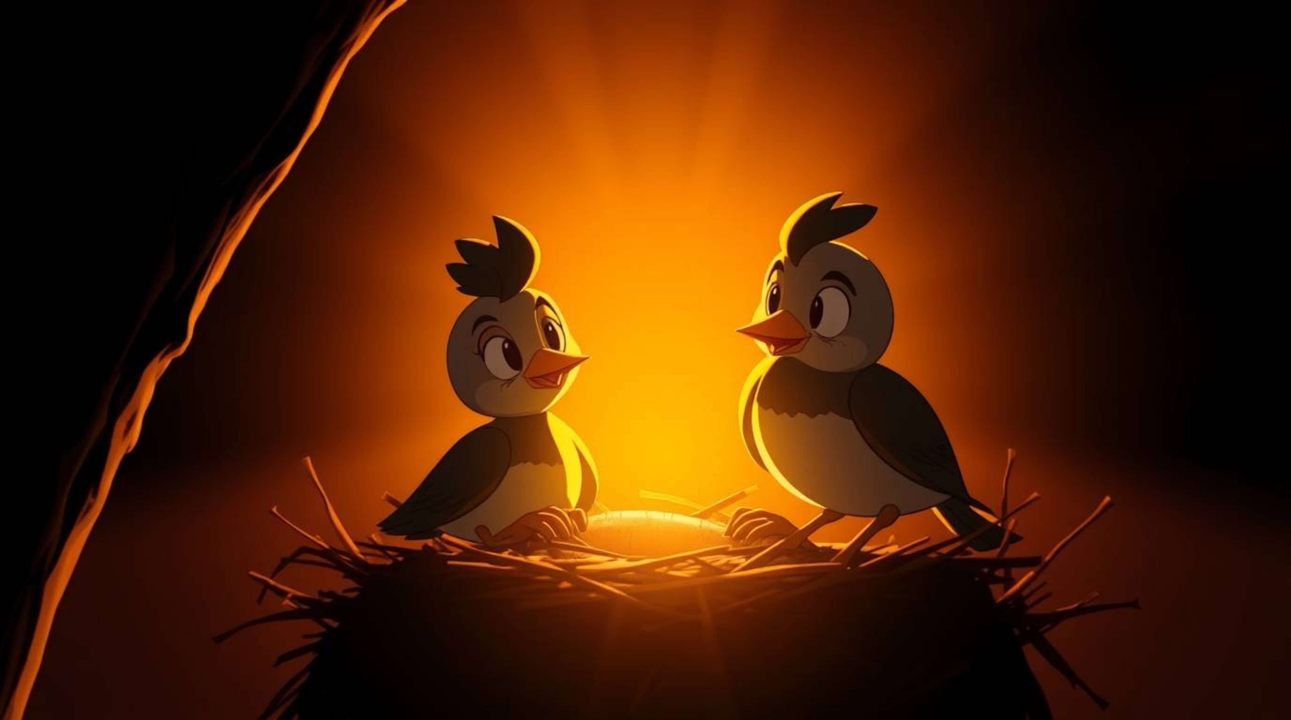 This captivating animation features two charming cartoon birds meticulously constructing their nest.  Rendered in a classic a
