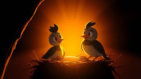 This captivating animation features two charming cartoon birds meticulously constructing their nest. Rendered in a classic a