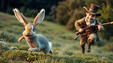 A vibrant and wacky rabbit with exaggerated features and wide eyes is depicted outrunning a clumsy hunter in period clothing.