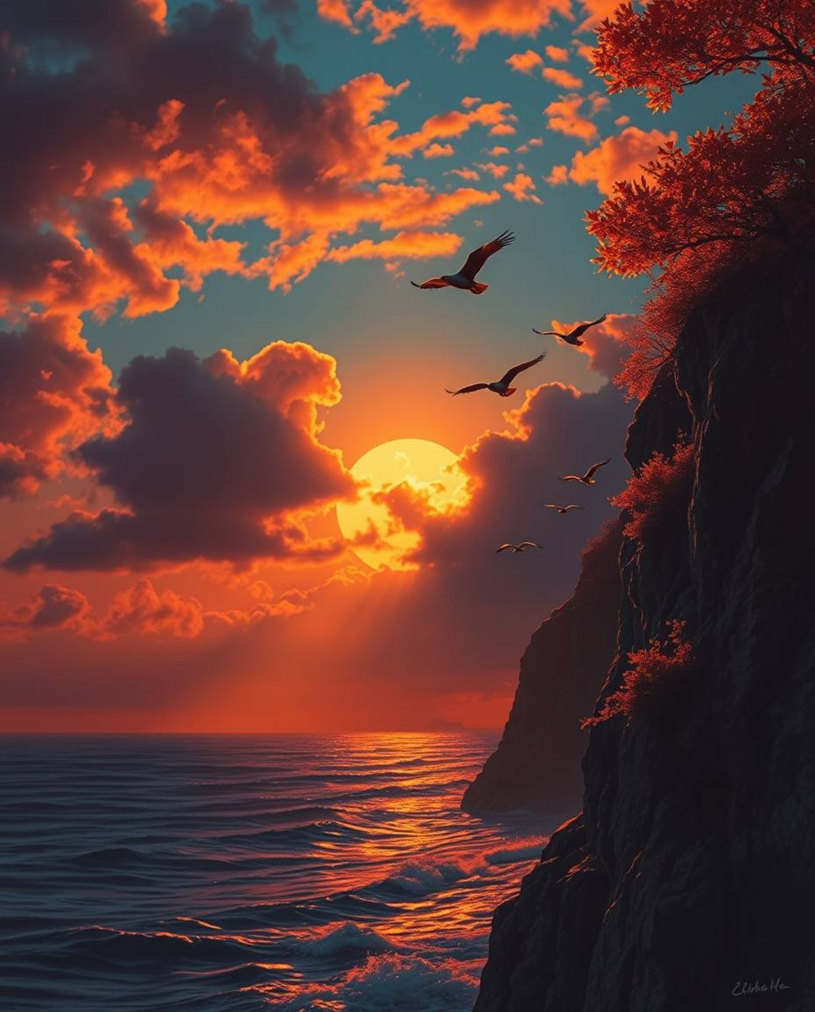 This image captures a dramatic sunset over a coastal cliff, where soaring birds add to the dynamic atmosphere. The scene is r