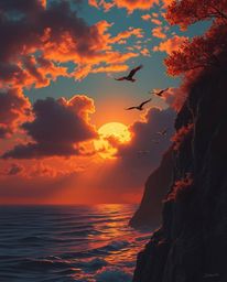 This image captures a dramatic sunset over a coastal cliff, where soaring birds add to the dynamic atmosphere. The scene is r