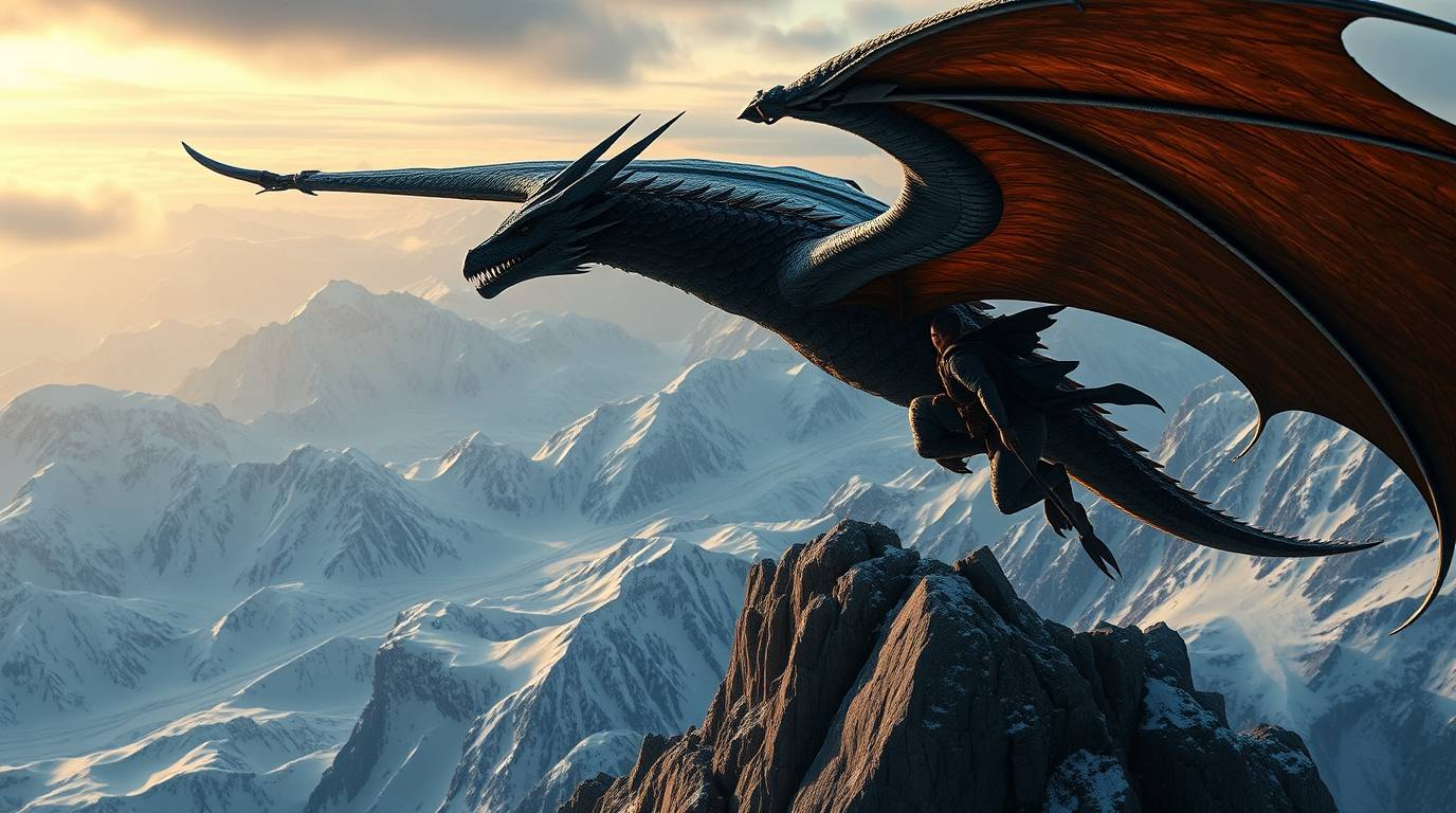A breathtaking high-resolution stock photo depicts a majestic dragon and its rider soaring majestically above a breathtaking 