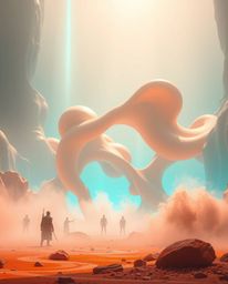 Explore a modern futuristic epic scene showcasing 3D abstract liquid forms illuminated by volumetric lighting.  The warm terr