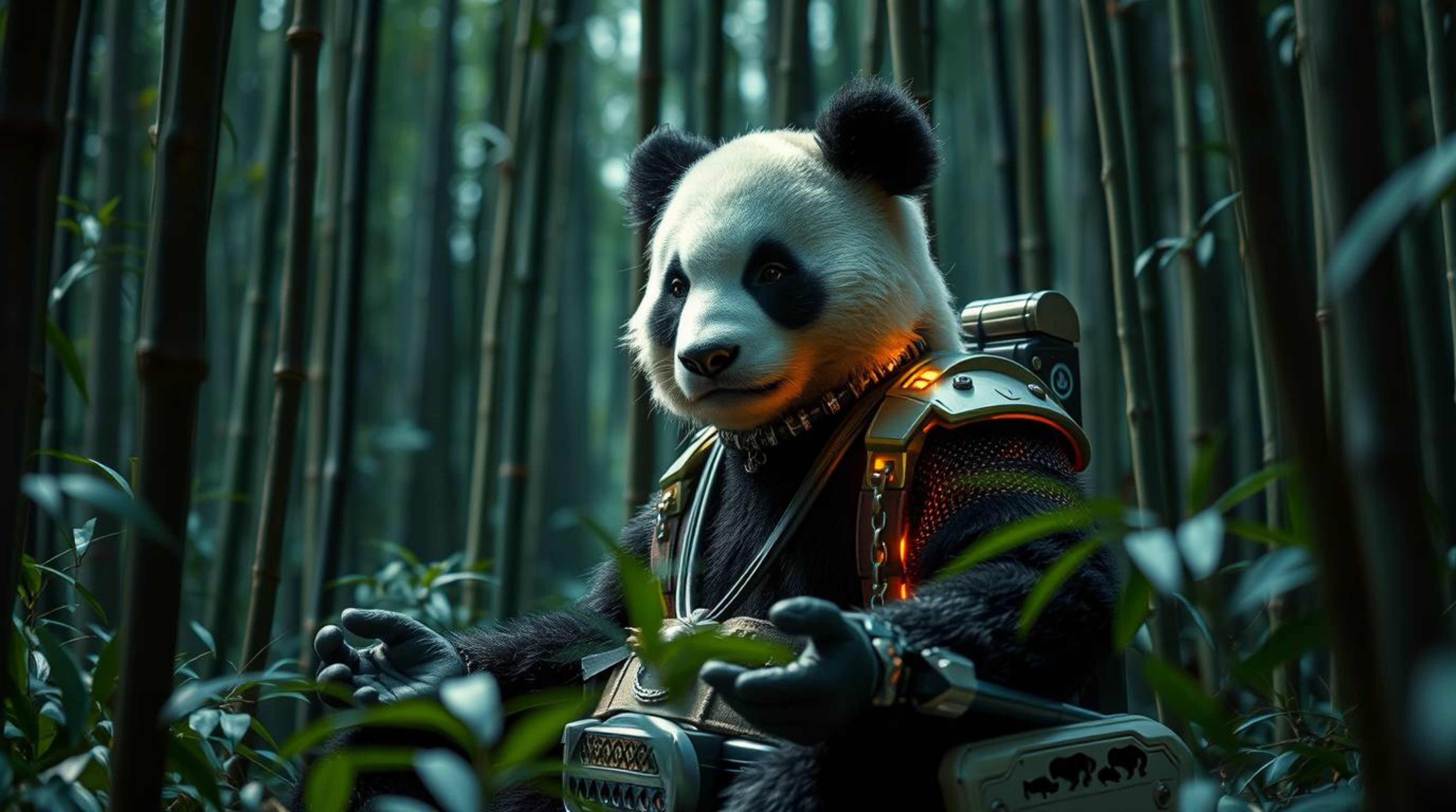 Experience the serene yet futuristic world of a martial artist panda meditating in a bamboo forest. This close-up shot blends