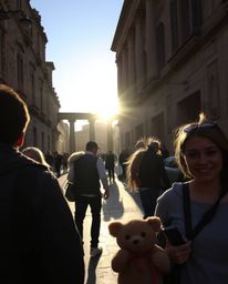 Experience ancient stone ruins at sunset through the unique lens of candid street photography. Set within an urban environmen