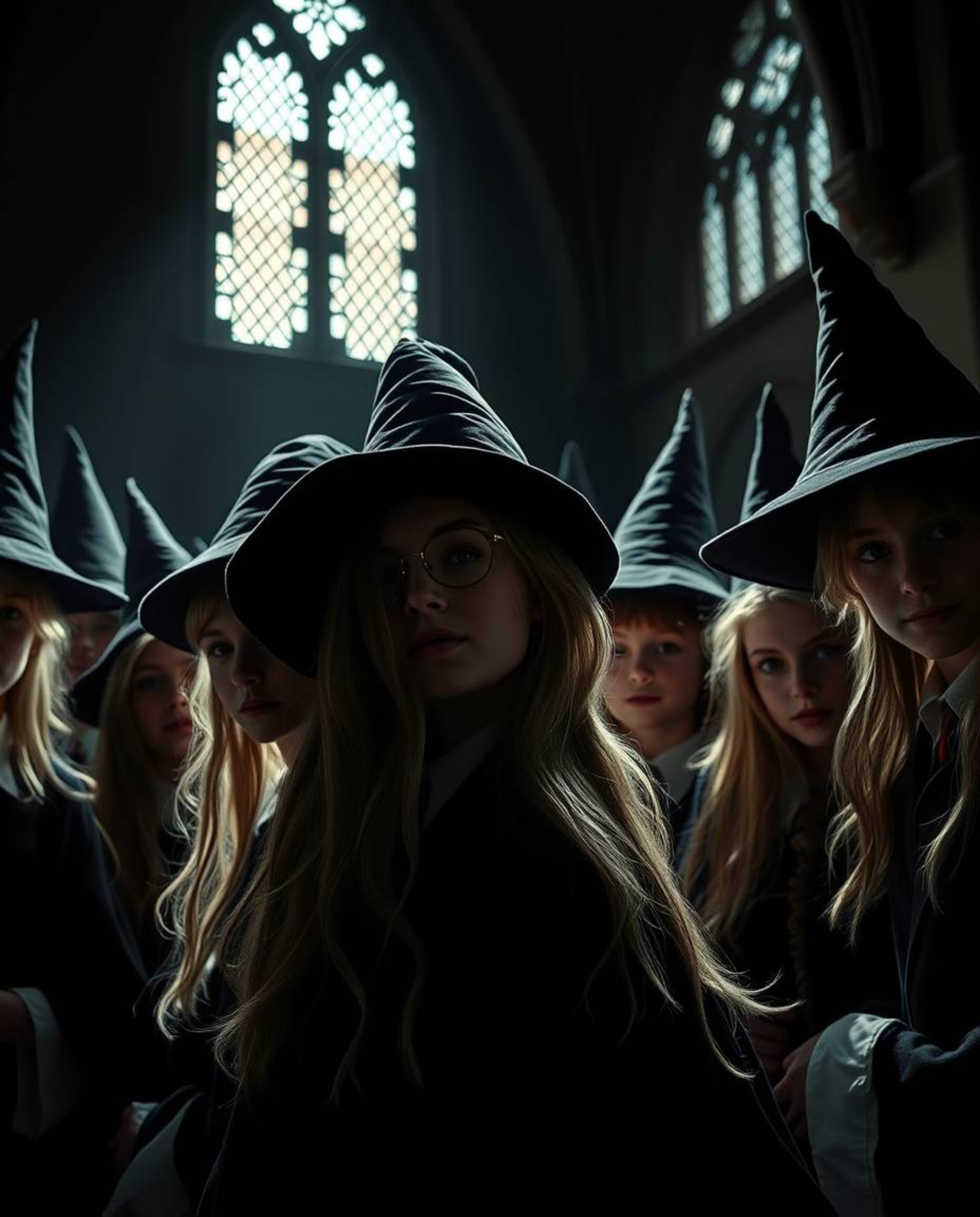 Explore a magical school illuminated by contrasting chiaroscuro lighting, featuring young wizards in a state of flow. The ele