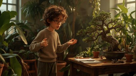 A warm, cinematic photograph of a bespectacled, curly-haired homeschooled genius, reminiscent of Pixar characters, standing i