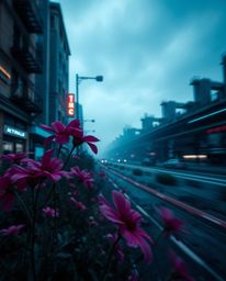 Explore the surreal beauty of flowers blooming amidst the ruins of a post-apocalyptic city.  This long-exposure photograph ca