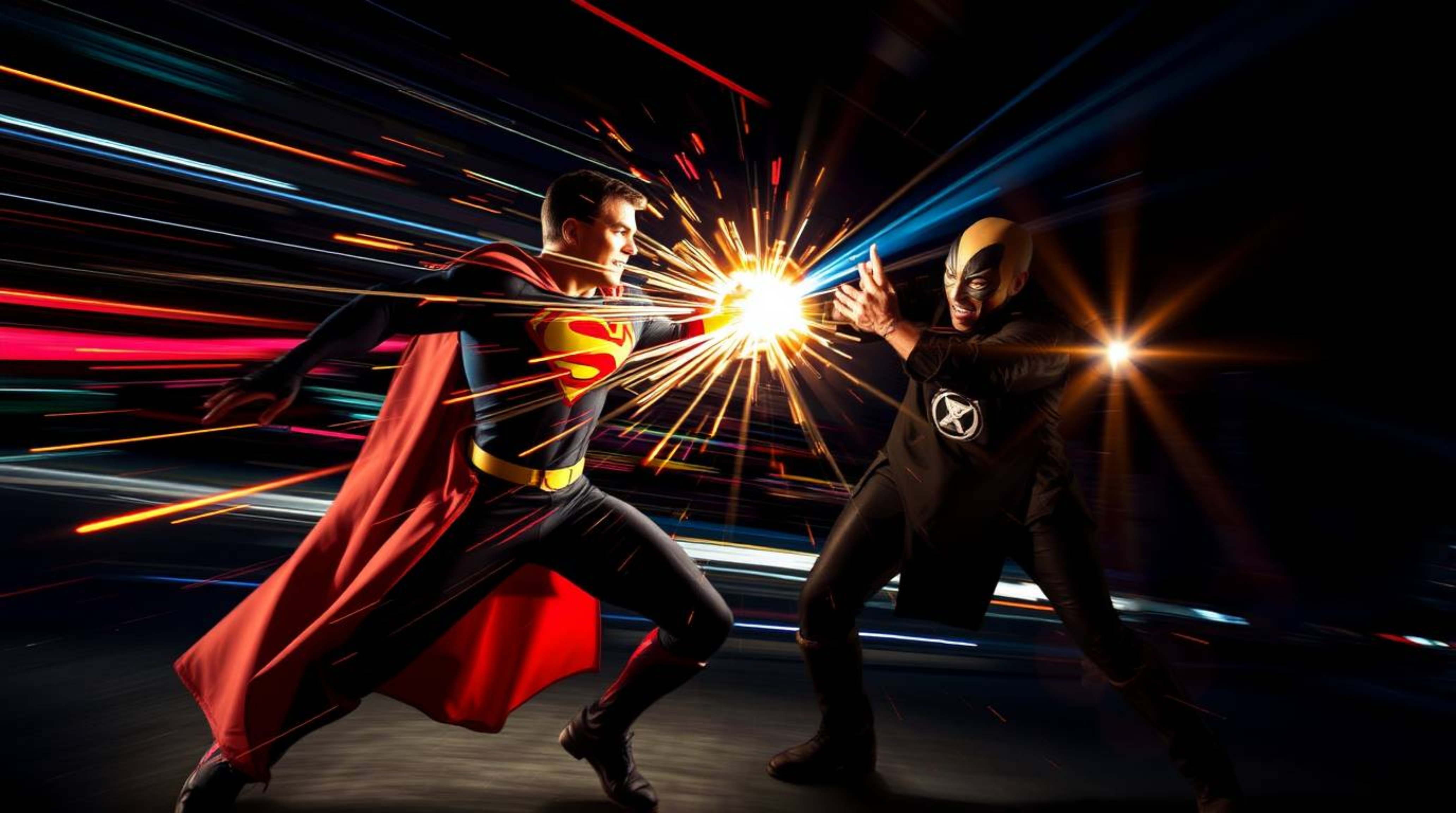 A captivating long-exposure photograph depicts a superhero engaged in an intense battle with a villain.  Motion trails and vi