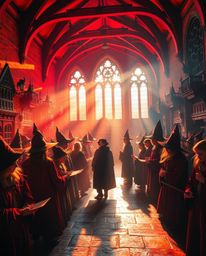 Discover a magical school brimming with young wizards, bathed in intense, warm light that casts dramatic shadows. Reds, oran