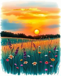 A hand-drawn sketch in a luxurious and vibrant color sketchnote style, depicting a sunset over a spring wildflower meadow. Th