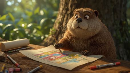 A highly detailed, high-resolution stock photo captures a beaver with a gentle, kind face and sparkling eyes, busily building