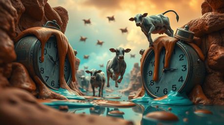 Experience a captivating surreal dreamscape featuring melting clocks and floating cows, rendered with a striking contrast of 