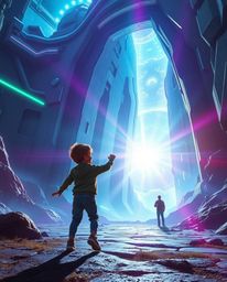A courageous child stumbles upon a massive, vibrant portal in their backyard, sparking an epic, futuristic adventure. This c