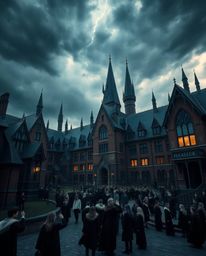 A magical school teeming with young wizards stands silhouetted against a backdrop of stormy skies, where rich burgundy and de