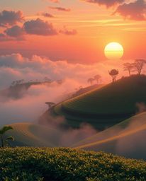 A futuristic sci-fi illustration of a sunset over terraced tea plantations, enveloped in thick fog. This imaginative artwork 