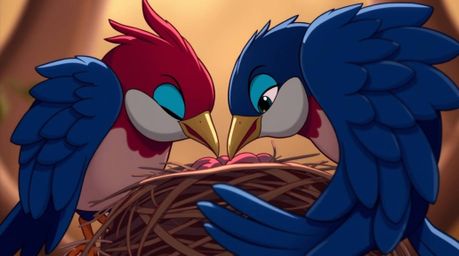This image features a tight close-up shot of two cartoon birds diligently building a nest in a classic animation style. The a