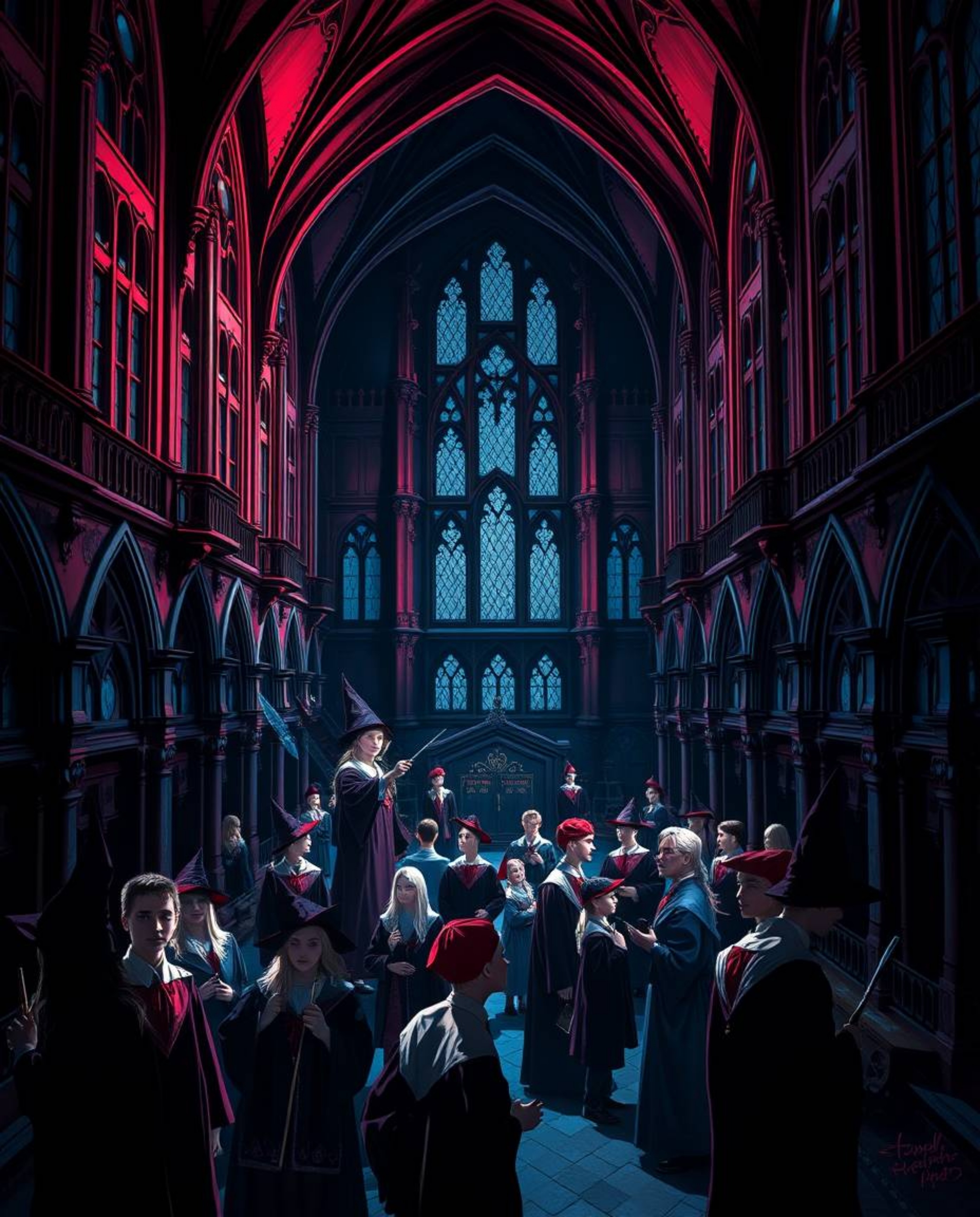 Discover a breathtaking magical school brimming with young wizards.  Rendered in rich burgundy and deep blue hues with dramat