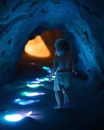 A whimsical scene of a fair-skinned child venturing into a cave, guided by a trail of softly glowing blue, green, and purple 