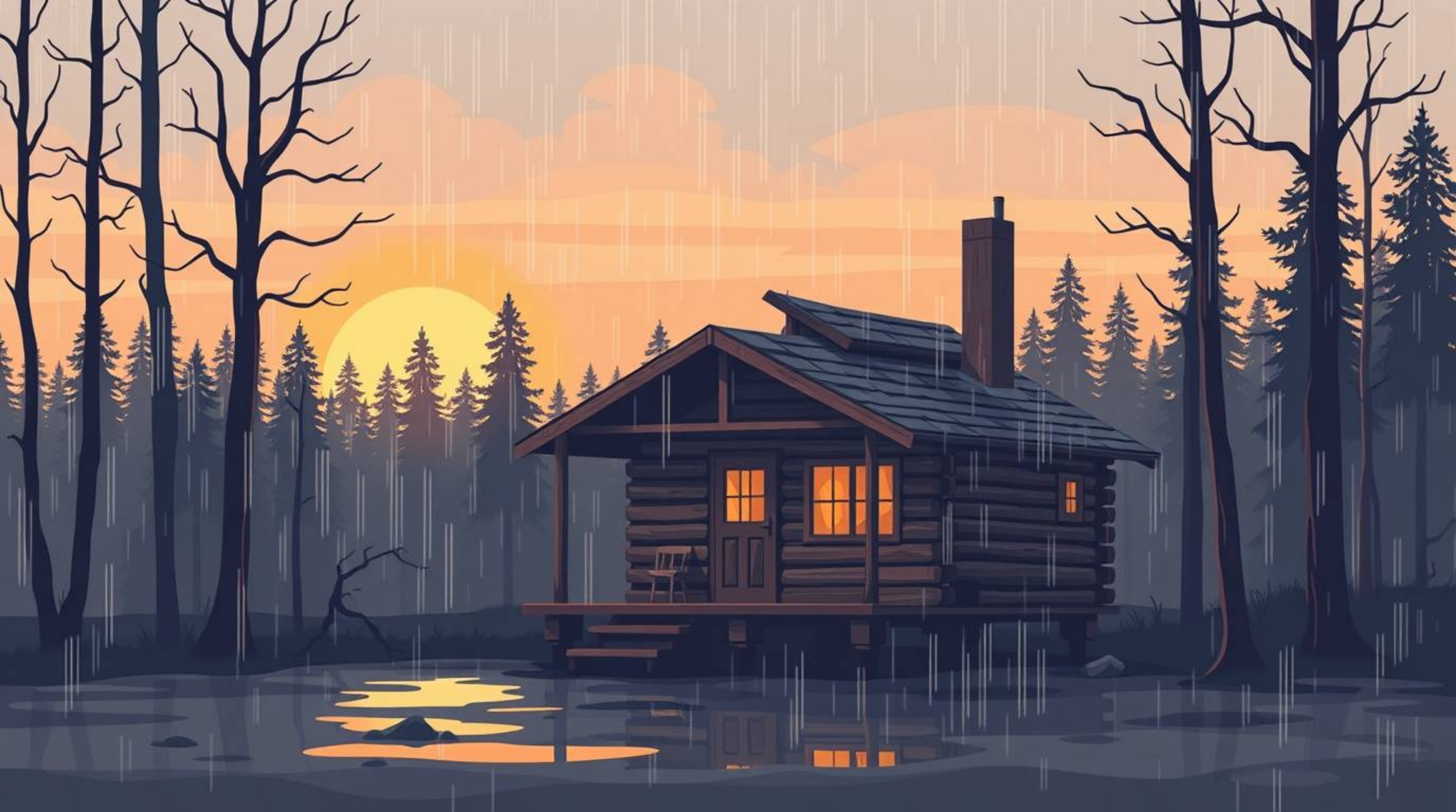 A captivating minimalist illustration depicts an old wooden cabin nestled in the woods during a dramatic, wet sunset. The de