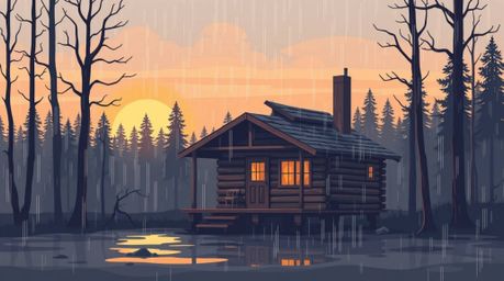 A captivating minimalist illustration depicts an old wooden cabin nestled in the woods during a dramatic, wet sunset.  The de