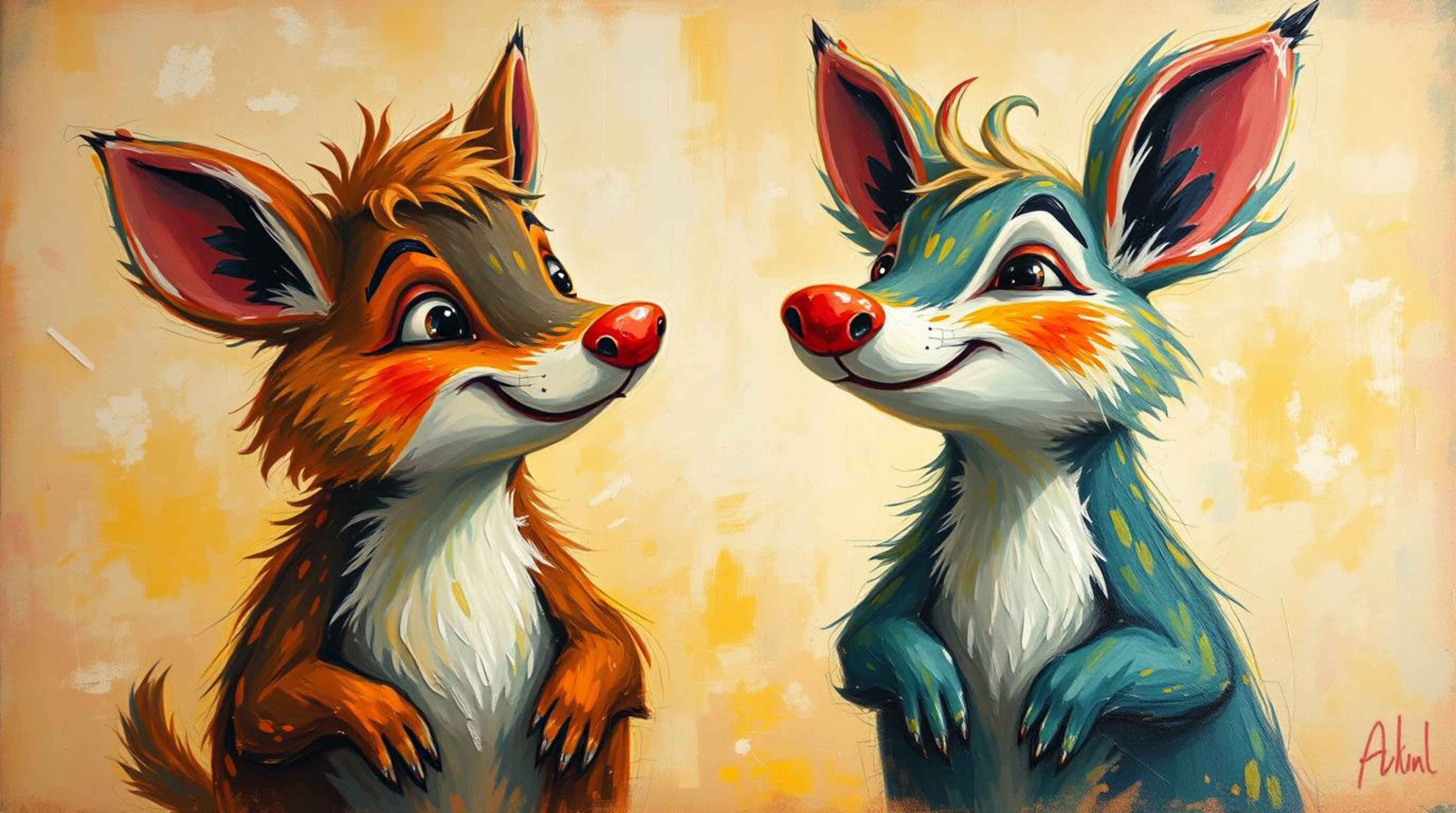 A captivating acrylic painting showcases two mischievous talking animals in a soft, dreamy setting.  Vibrant colors and textu