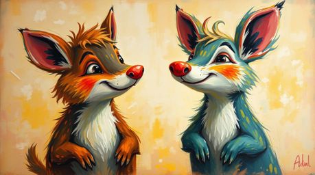 A captivating acrylic painting showcases two mischievous talking animals in a soft, dreamy setting.  Vibrant colors and textu