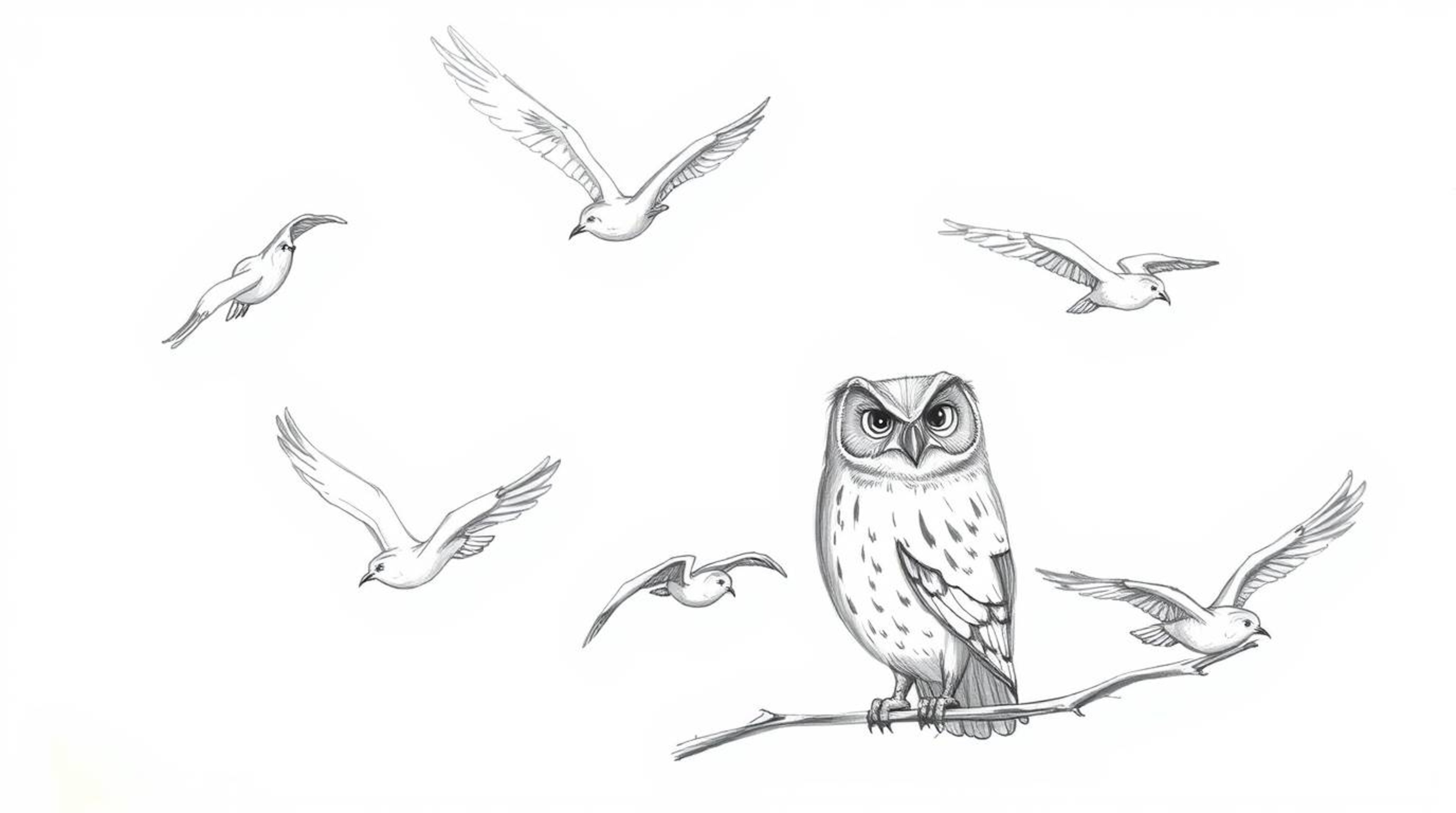 A heartwarming hand-drawn sketch in Pixar style depicting a blind owl with soft, textured pencil strokes guiding birds in syn