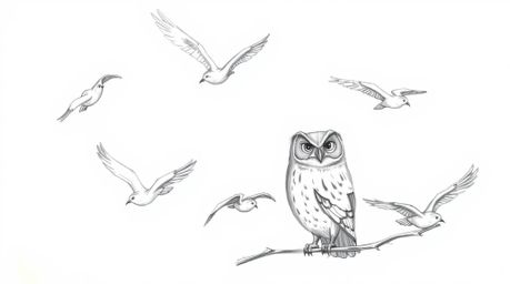 A heartwarming hand-drawn sketch in Pixar style depicting a blind owl with soft, textured pencil strokes guiding birds in syn