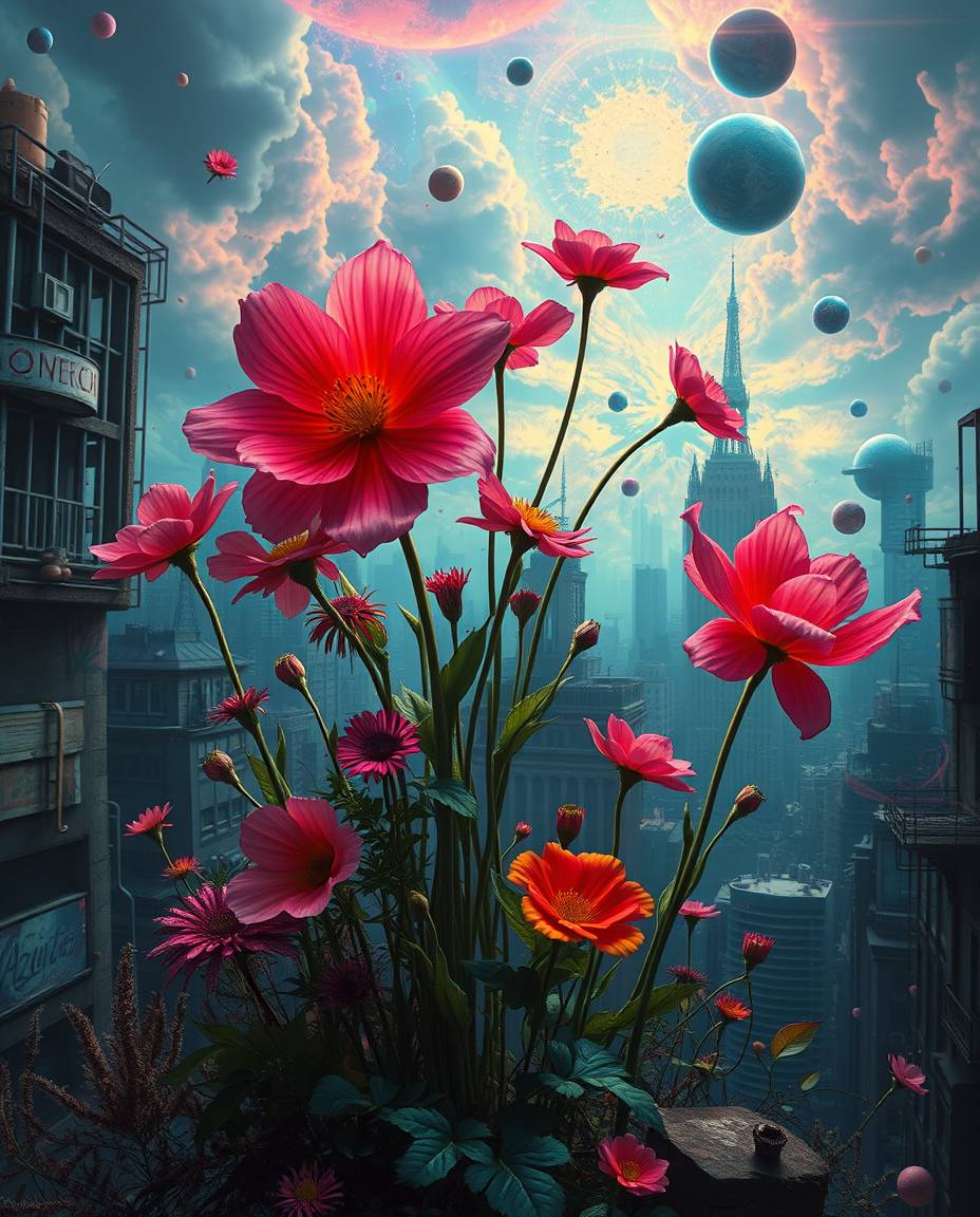 Explore a dreamlike, surreal world where fantastical flowers bloom amidst the ruins of a bizarre, post-apocalyptic cityscape.