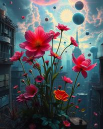 Explore a dreamlike, surreal world where fantastical flowers bloom amidst the ruins of a bizarre, post-apocalyptic cityscape.