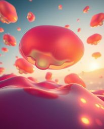 Experience the mesmerizing fusion of high angle perspective and warm golden hour light illuminating floating 3D blobs of flui